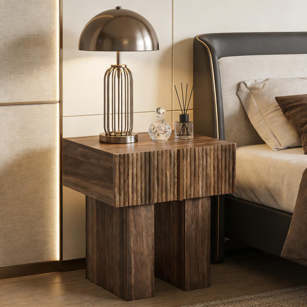 Wooden Bedside Table with Drawer & Open Storage