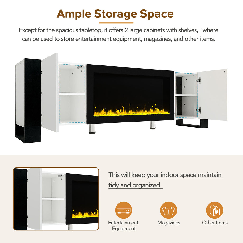 Luxury Fireplace TV Stand with Cabinets for TVs Up to 78” – White