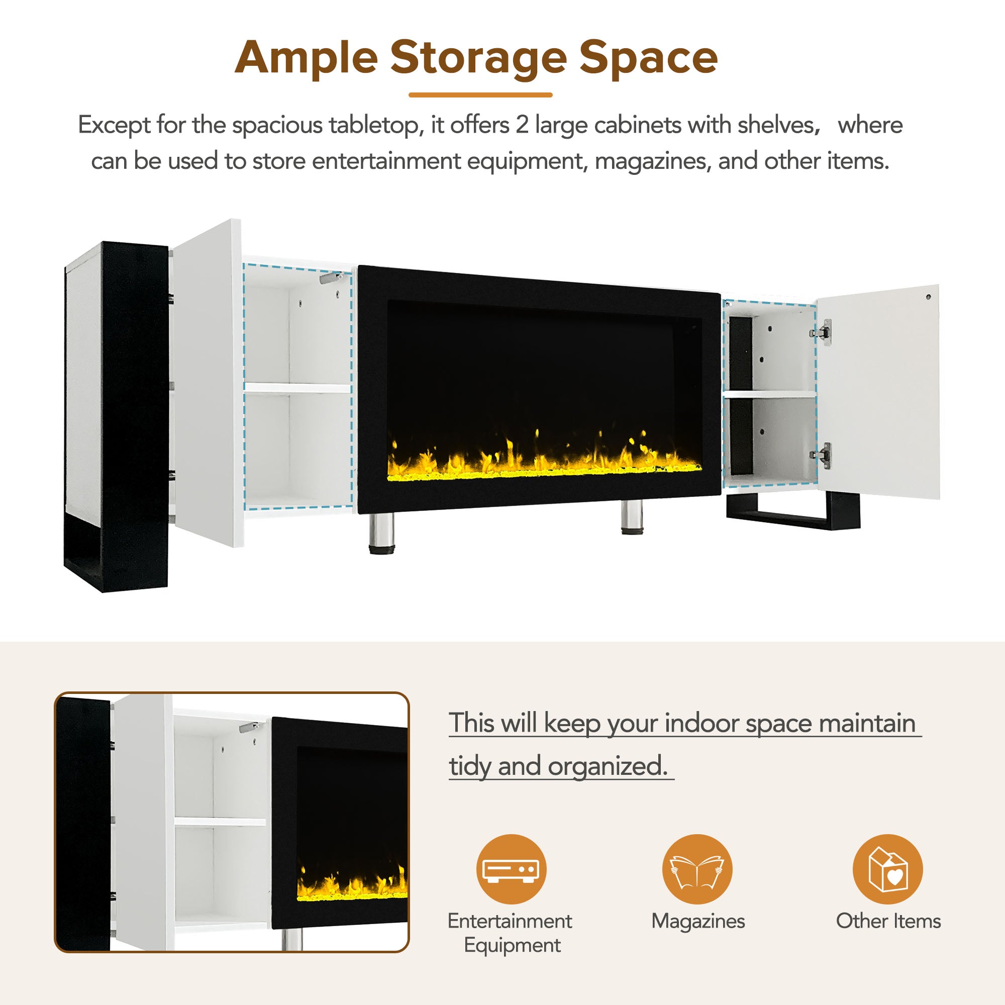 Luxury Fireplace TV Stand with Cabinets for TVs Up to 78” – White