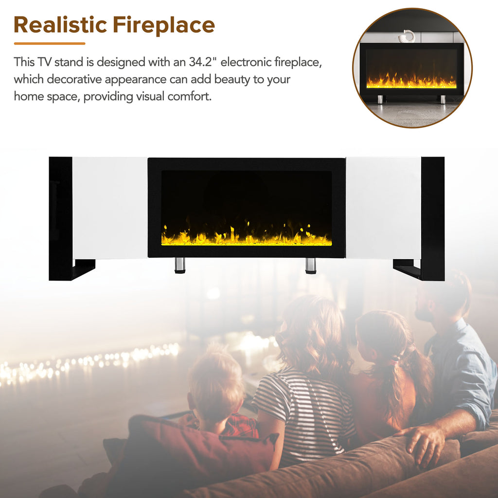 Luxury Fireplace TV Stand with Cabinets for TVs Up to 78” – White