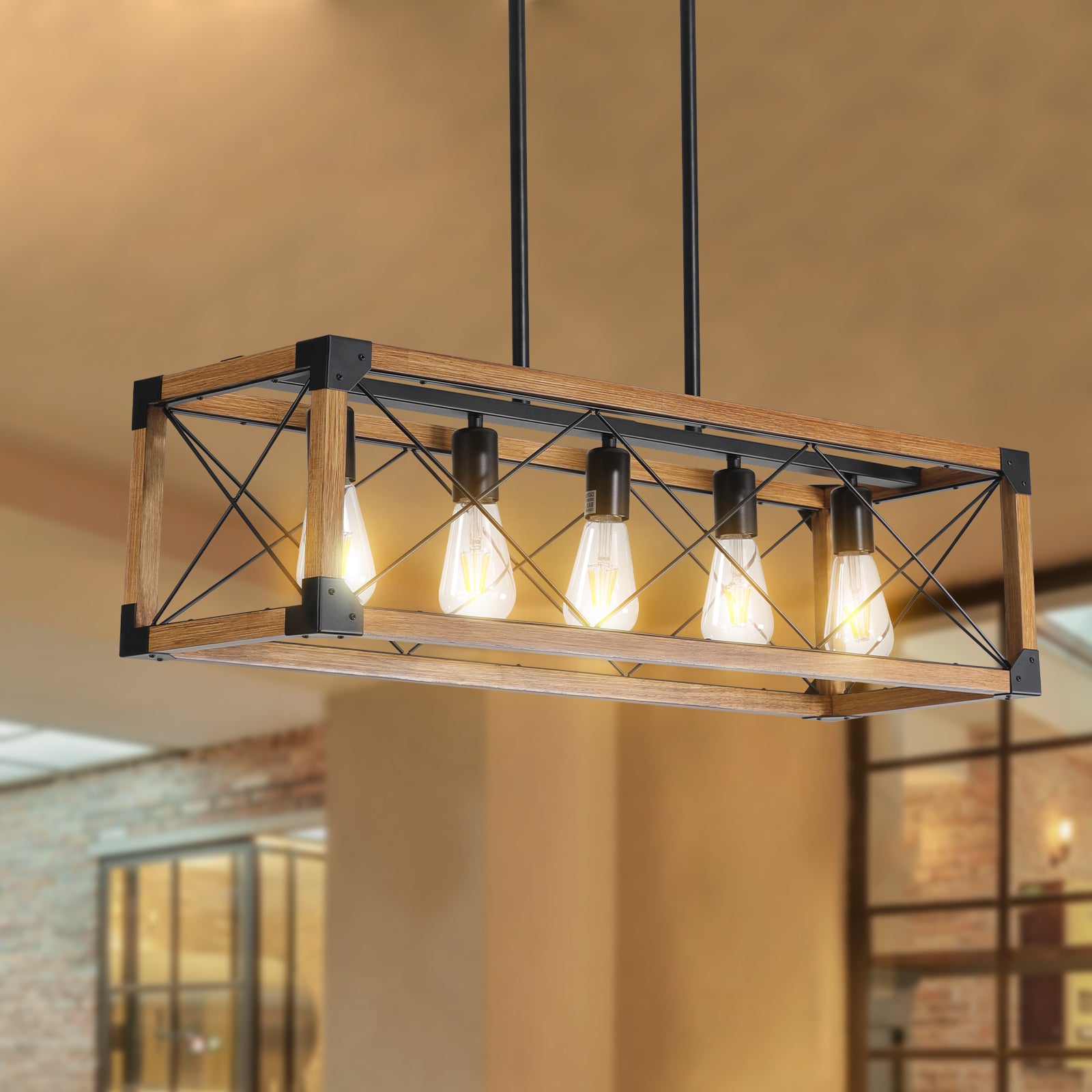 Walnut Rectangle Pendant Light — 5-Light Chandelier