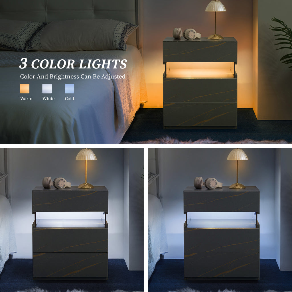 Modern LED Nightstand with 3 Drawers – Grey & Gold Bedside Table