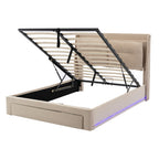 Premium Double Bed with LED Lights & Storage – Beige Velvet Finish