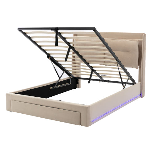 Premium Double Bed with LED Lights & Storage – Beige Velvet Finish