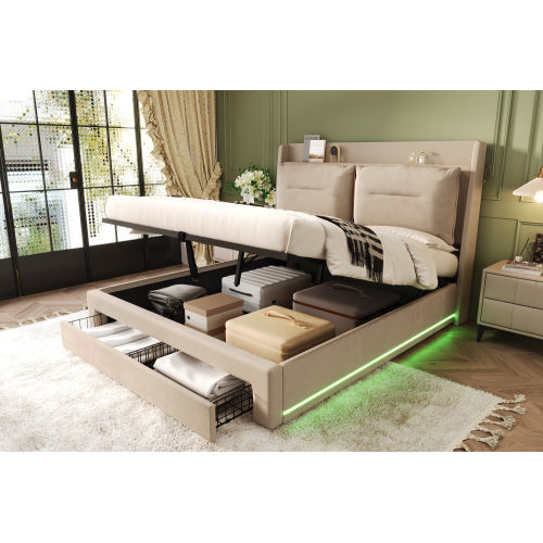 Premium Double Bed with LED Lights & Storage – Beige Velvet Finish
