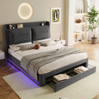 Modern Hydraulic Storage Bed with LED Lighting – Dark Grey Velvet Double Bed