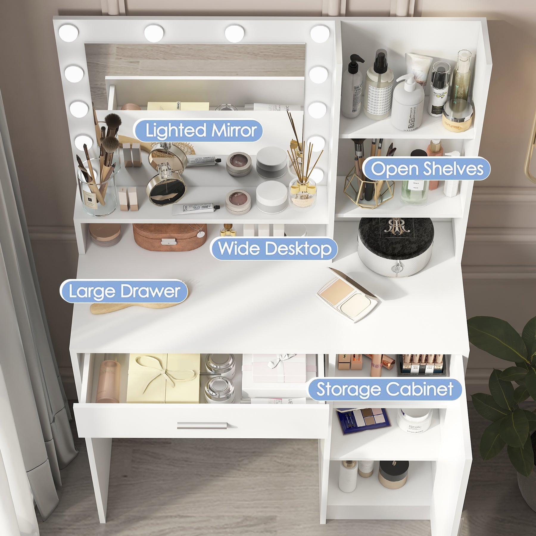 Modern Vanity Desk with Mirror & LED Lights – White Makeup Table