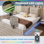 Premium Double Bed with LED Lights & Storage – Beige Velvet Finish