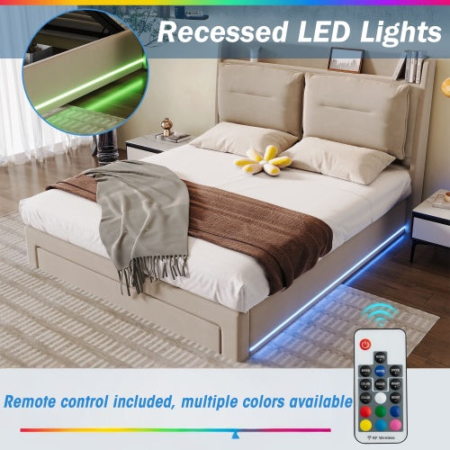 Premium Double Bed with LED Lights & Storage – Beige Velvet Finish