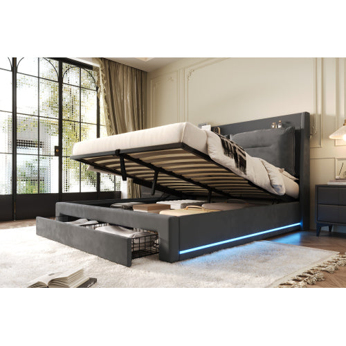 Modern Hydraulic Storage Bed with LED Lighting – Dark Grey Velvet Double Bed