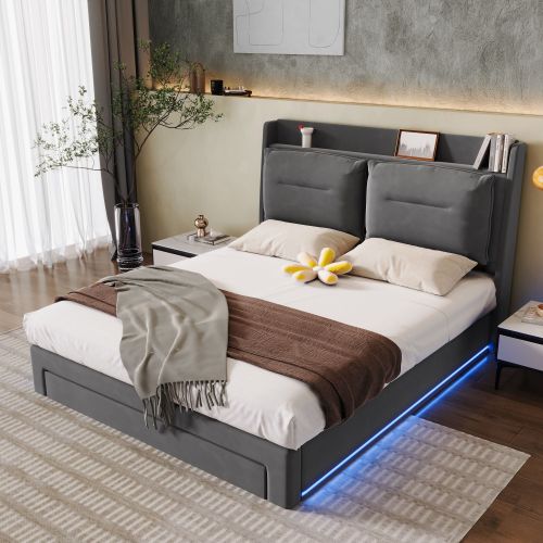 Modern Hydraulic Storage Bed with LED Lighting – Dark Grey Velvet Double Bed