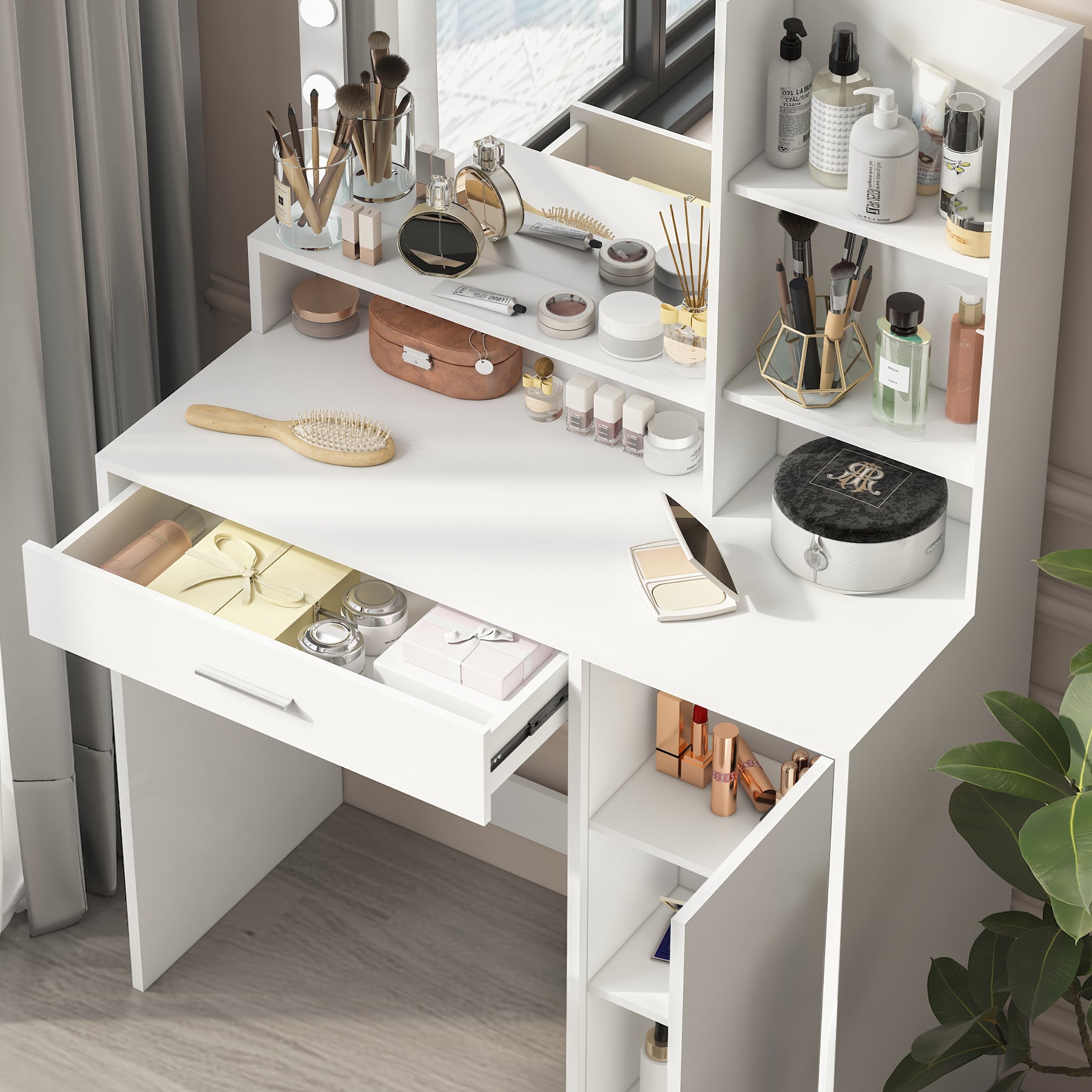 Modern Vanity Desk with Mirror & LED Lights – White Makeup Table