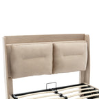 Premium Double Bed with LED Lights & Storage – Beige Velvet Finish