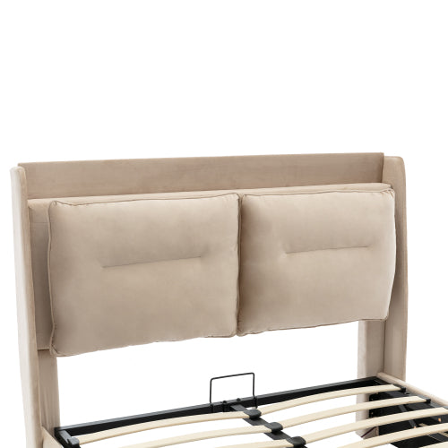 Premium Double Bed with LED Lights & Storage – Beige Velvet Finish