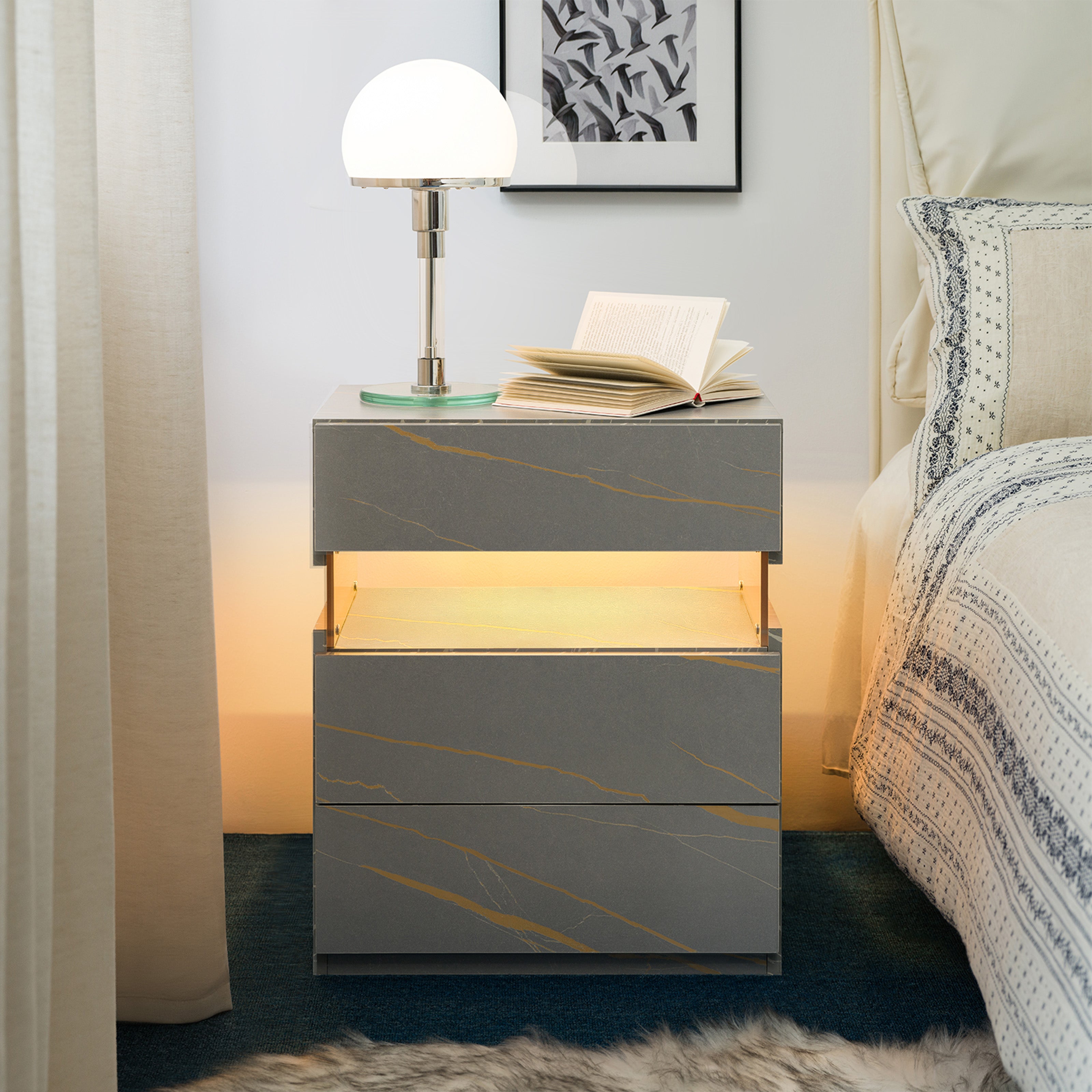 Modern LED Nightstand with 3 Drawers – Grey & Gold Bedside Table
