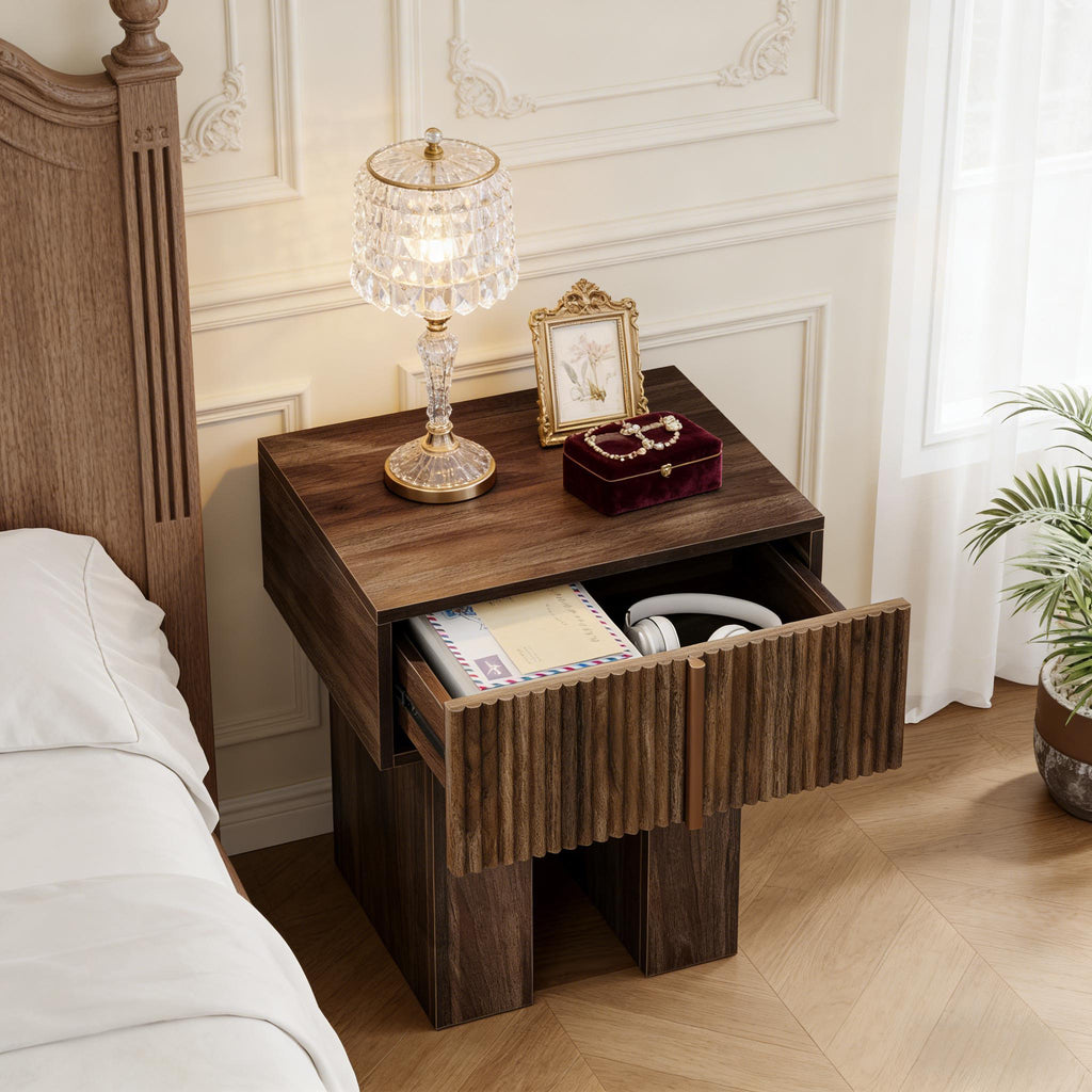 Wooden Bedside Table with Drawer & Open Storage