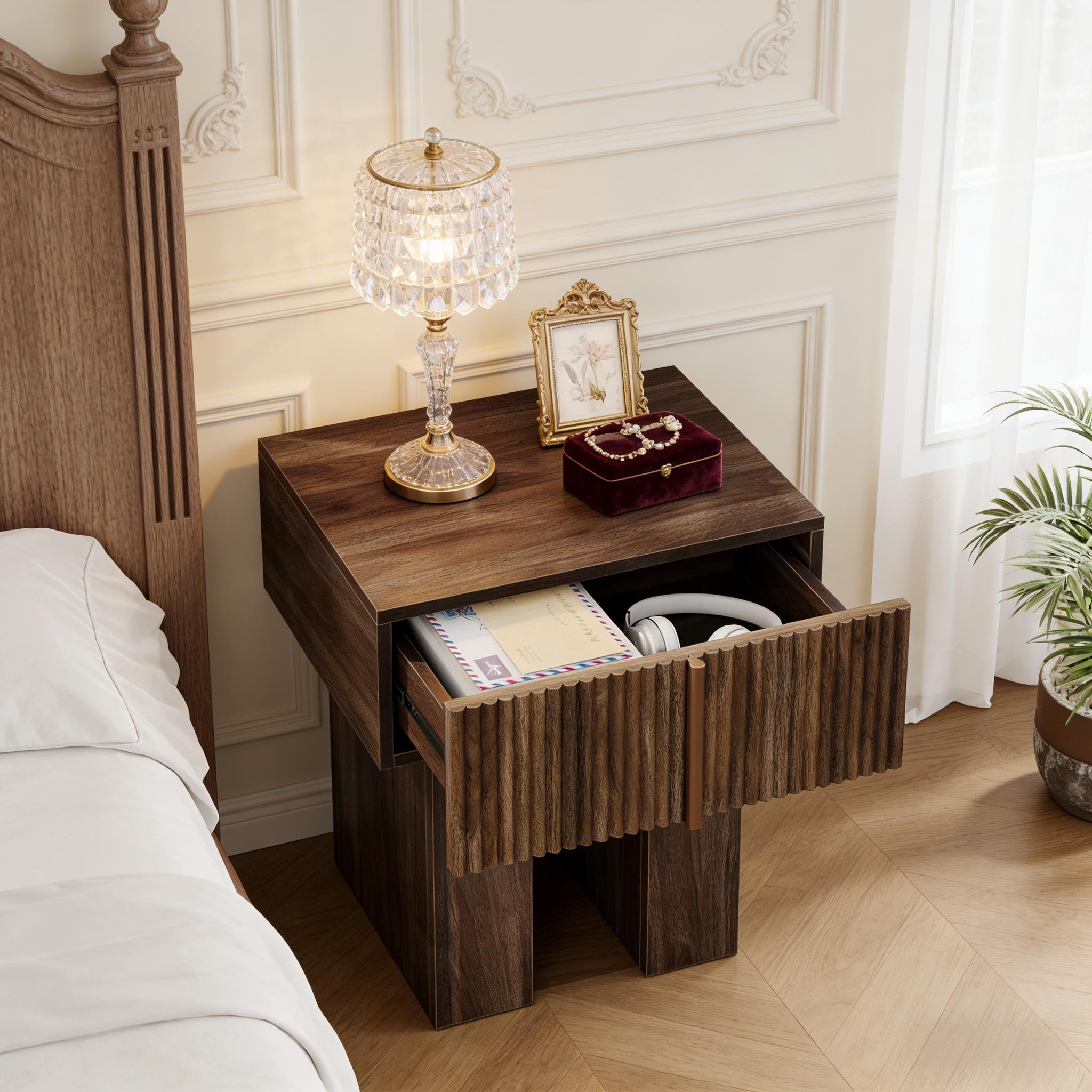 Wooden Bedside Table with Drawer & Open Storage