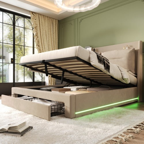 Premium Double Bed with LED Lights & Storage – Beige Velvet Finish