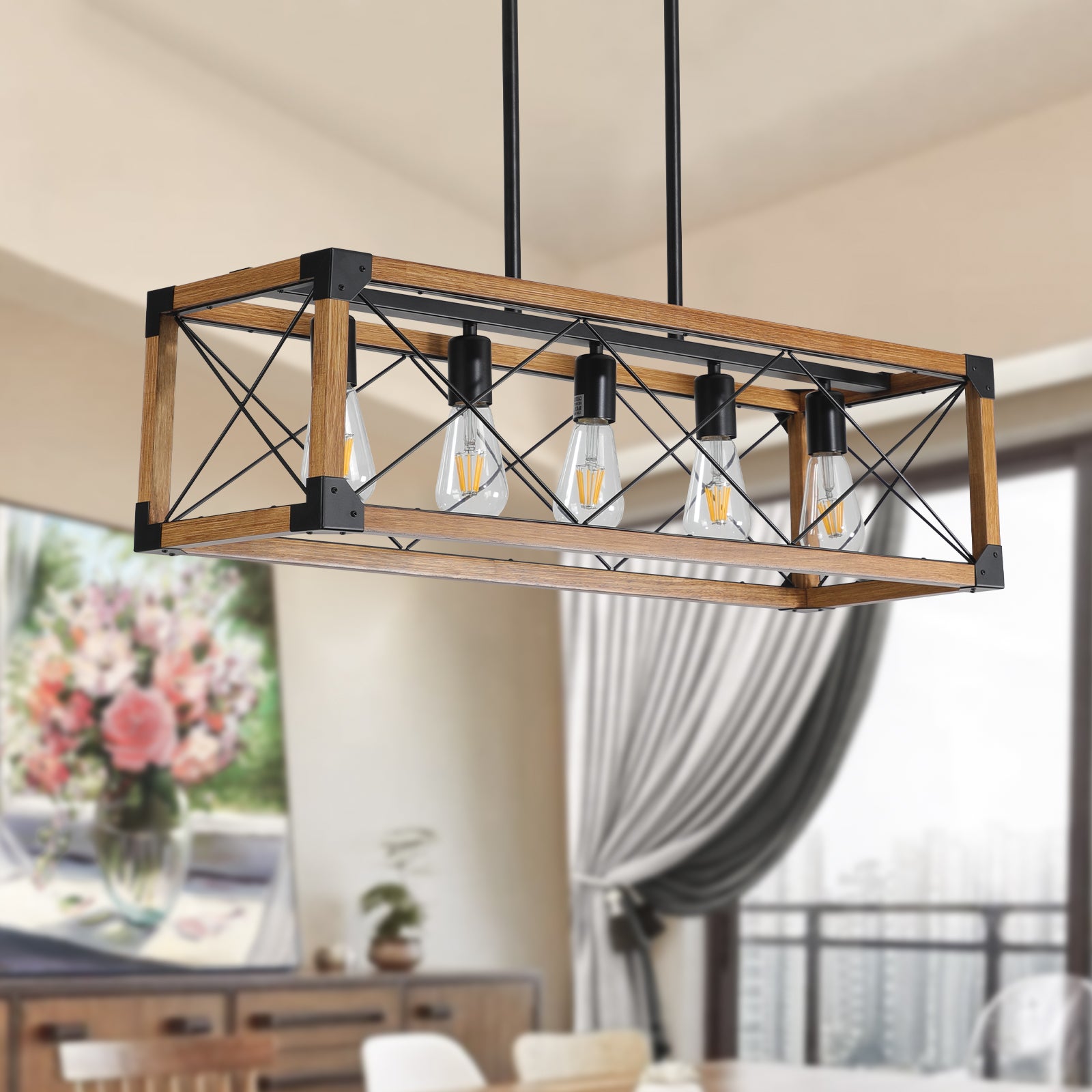 Walnut Rectangle Pendant Light — 5-Light Chandelier