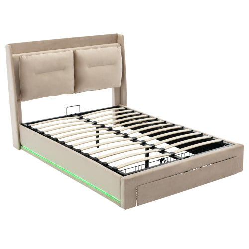 Premium Double Bed with LED Lights & Storage – Beige Velvet Finish