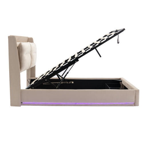 Premium Double Bed with LED Lights & Storage – Beige Velvet Finish