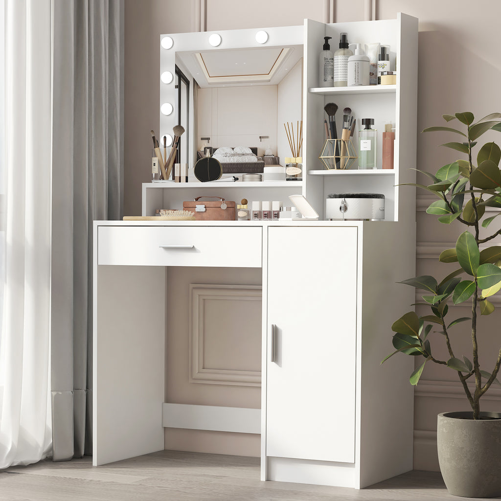 Modern Vanity Desk with Mirror & LED Lights – White Makeup Table