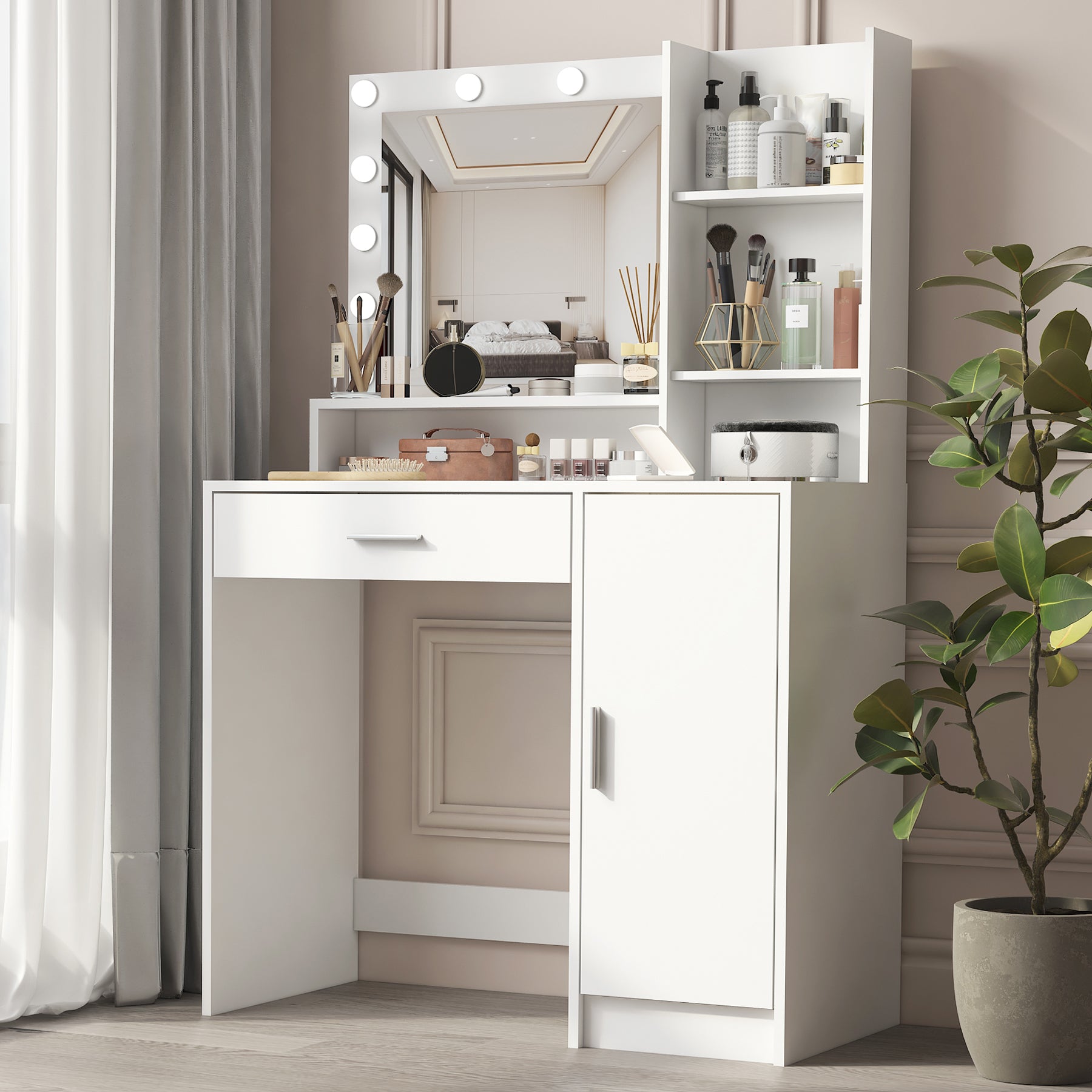 Modern Vanity Desk with Mirror & LED Lights – White Makeup Table