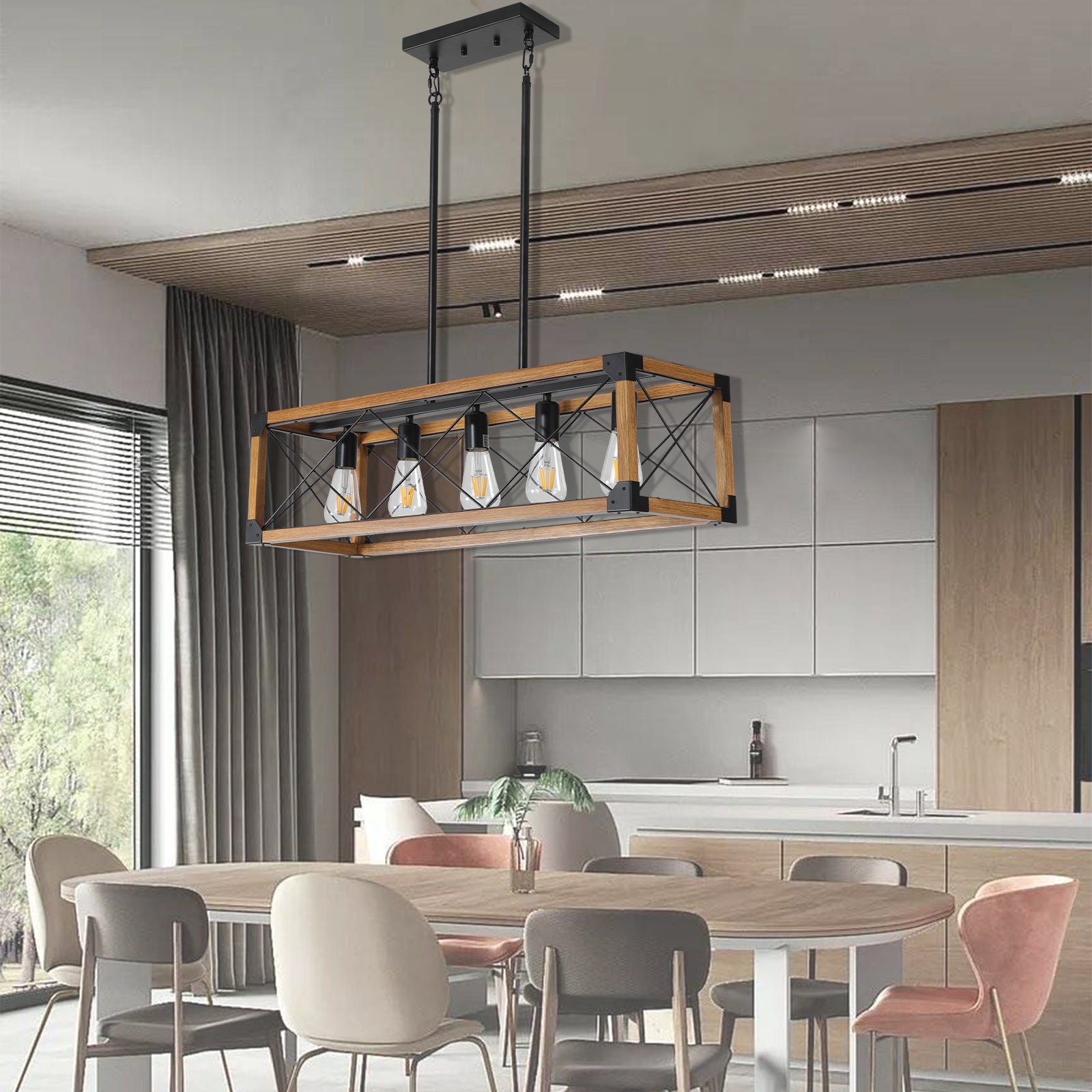 Walnut Rectangle Pendant Light — 5-Light Chandelier