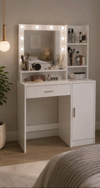 Modern Vanity Desk with Mirror & LED Lights – White Makeup Table