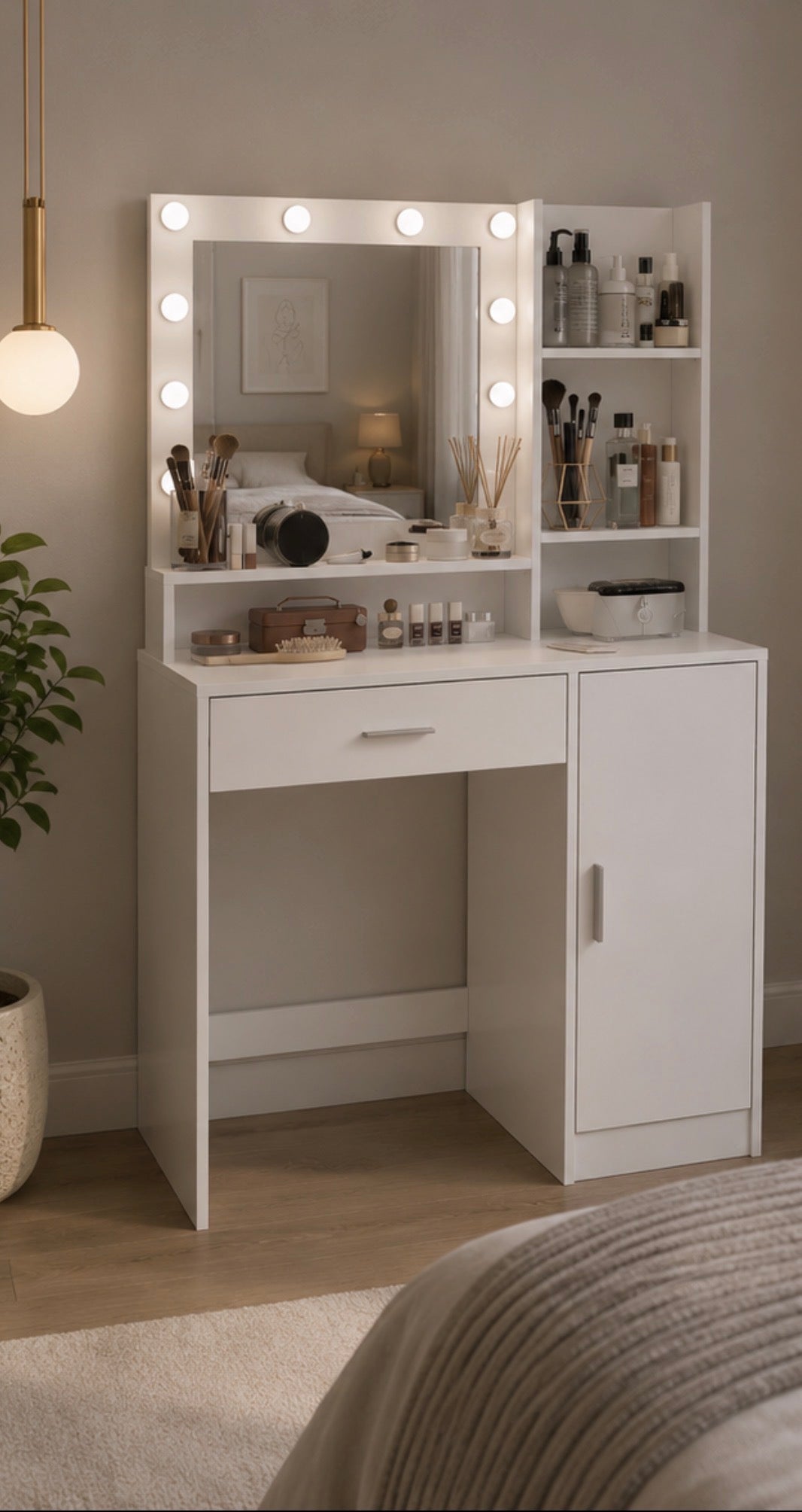 Modern Vanity Desk with Mirror & LED Lights – White Makeup Table