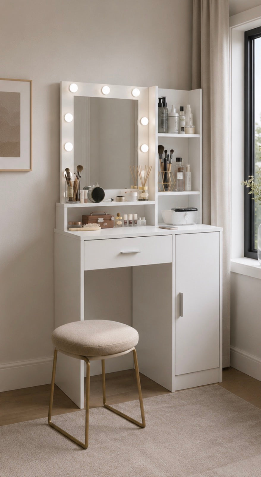 Modern Vanity Desk with Mirror & LED Lights – White Makeup Table