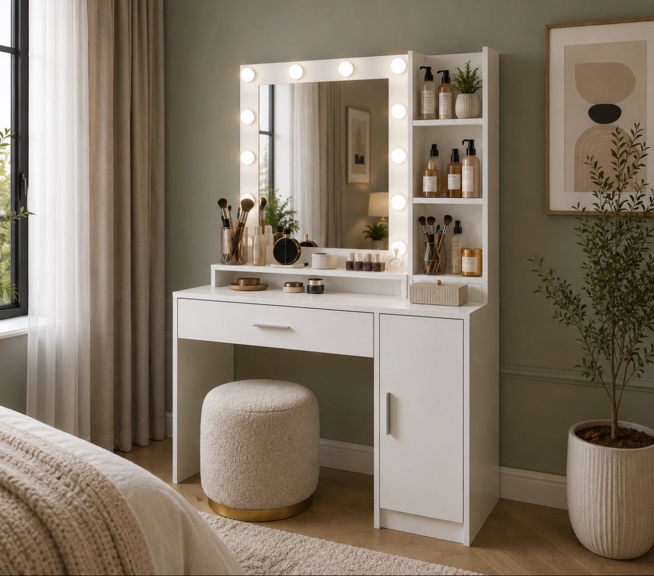 Modern Vanity Desk with Mirror & LED Lights – White Makeup Table