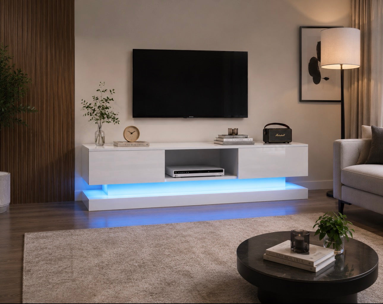 Modern High Gloss TV Stand with RGB LED Lights – White Entertainment Unit