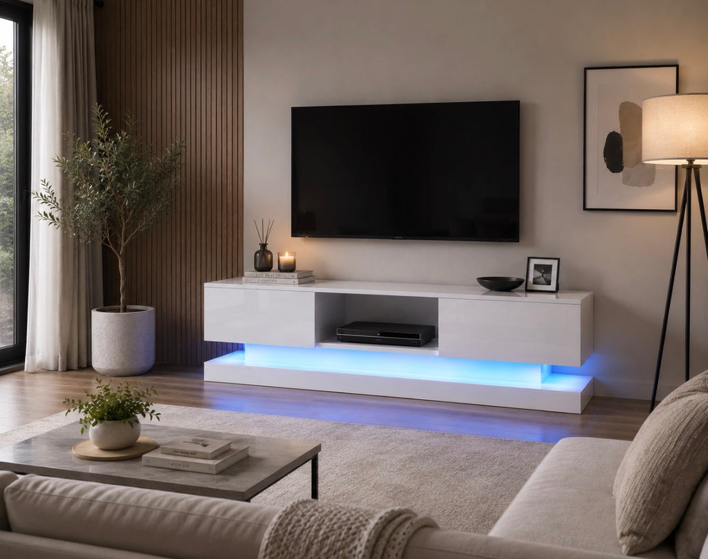 Modern High Gloss TV Stand with RGB LED Lights – White Entertainment Unit