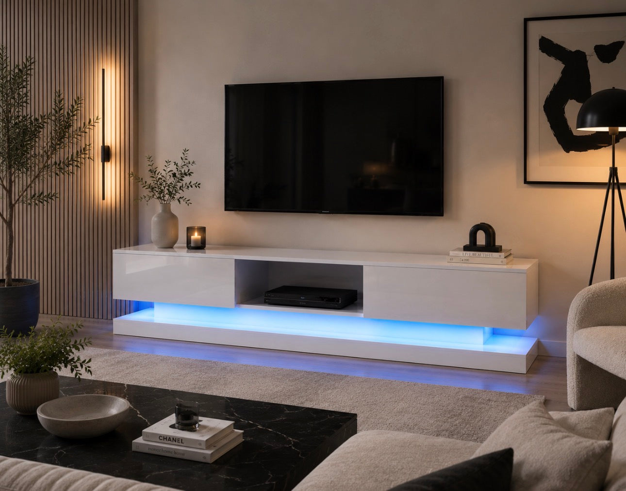 Modern High Gloss TV Stand with RGB LED Lights – White Entertainment Unit