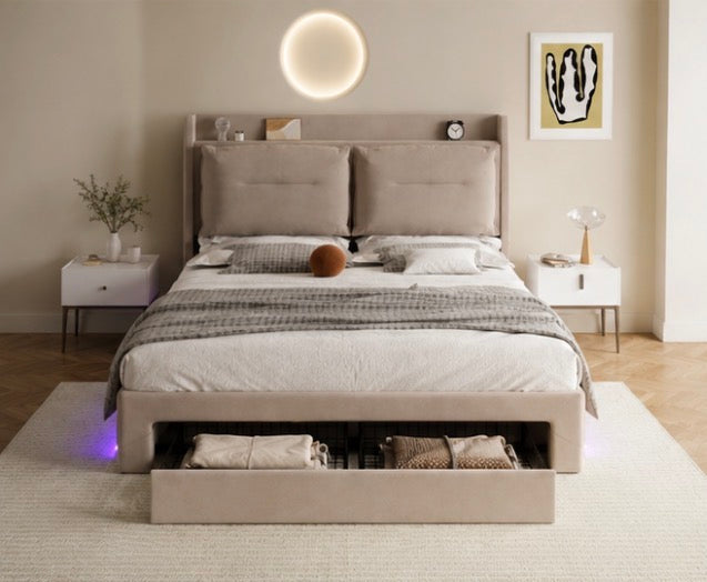 Premium Double Bed with LED Lights & Storage – Beige Velvet Finish