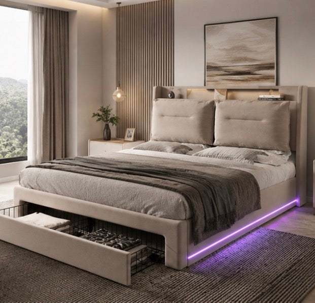 Premium Double Bed with LED Lights & Storage – Beige Velvet Finish
