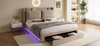 Premium Double Bed with LED Lights & Storage – Beige Velvet Finish