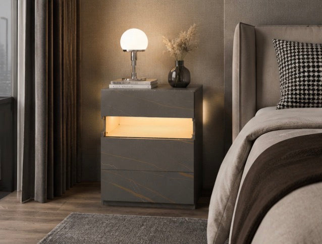 Modern LED Nightstand with 3 Drawers – Grey & Gold Bedside Table