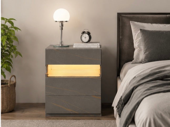 Modern LED Nightstand with 3 Drawers – Grey & Gold Bedside Table