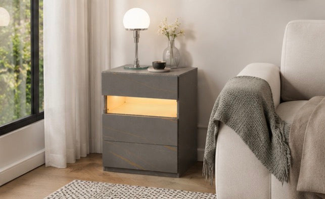 Modern LED Nightstand with 3 Drawers – Grey & Gold Bedside Table