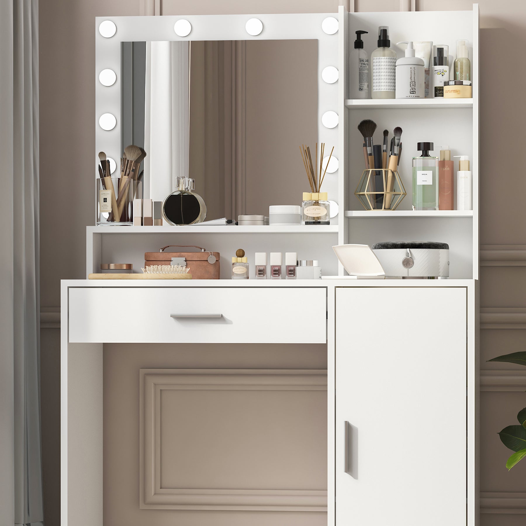 Modern Vanity Desk with Mirror & LED Lights – White Makeup Table