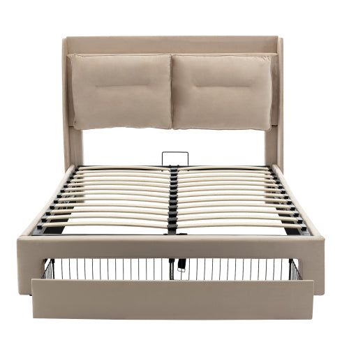Premium Double Bed with LED Lights & Storage – Beige Velvet Finish