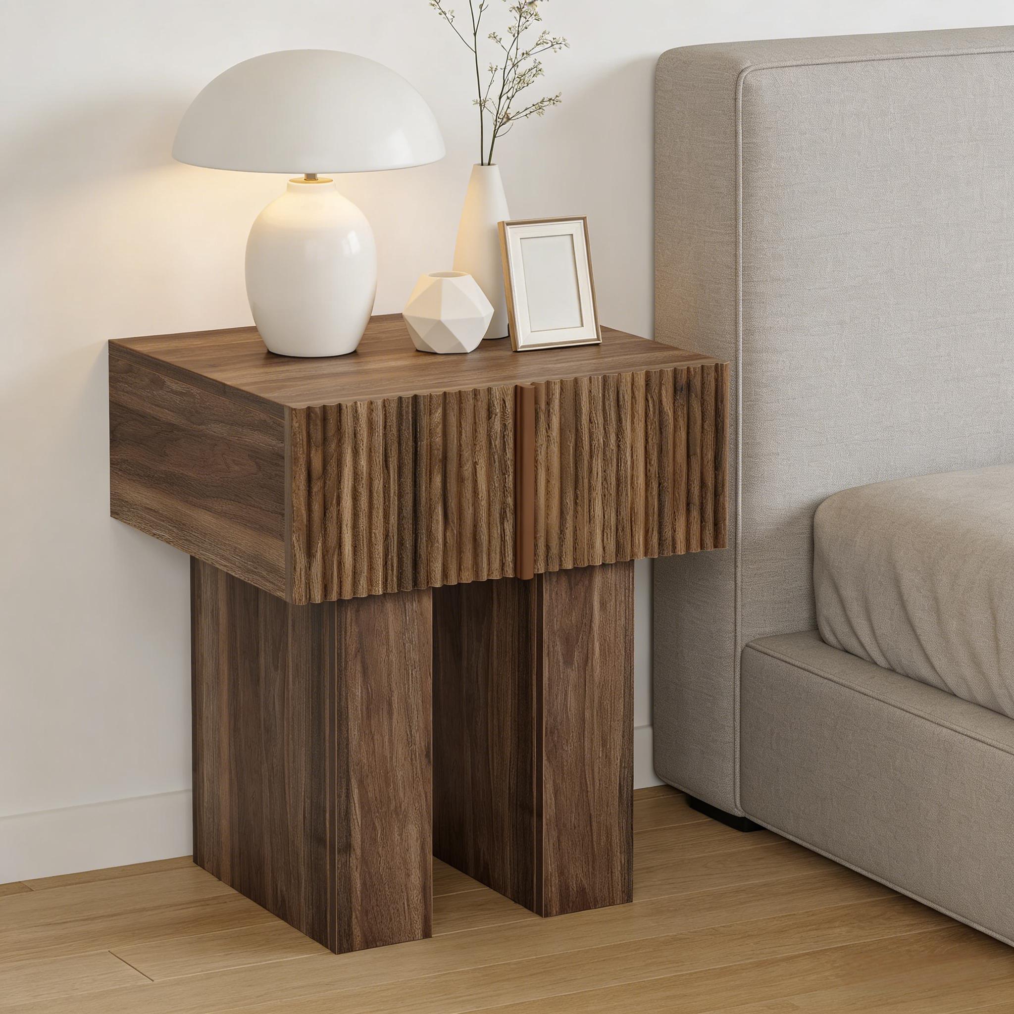 Wooden Bedside Table with Drawer & Open Storage