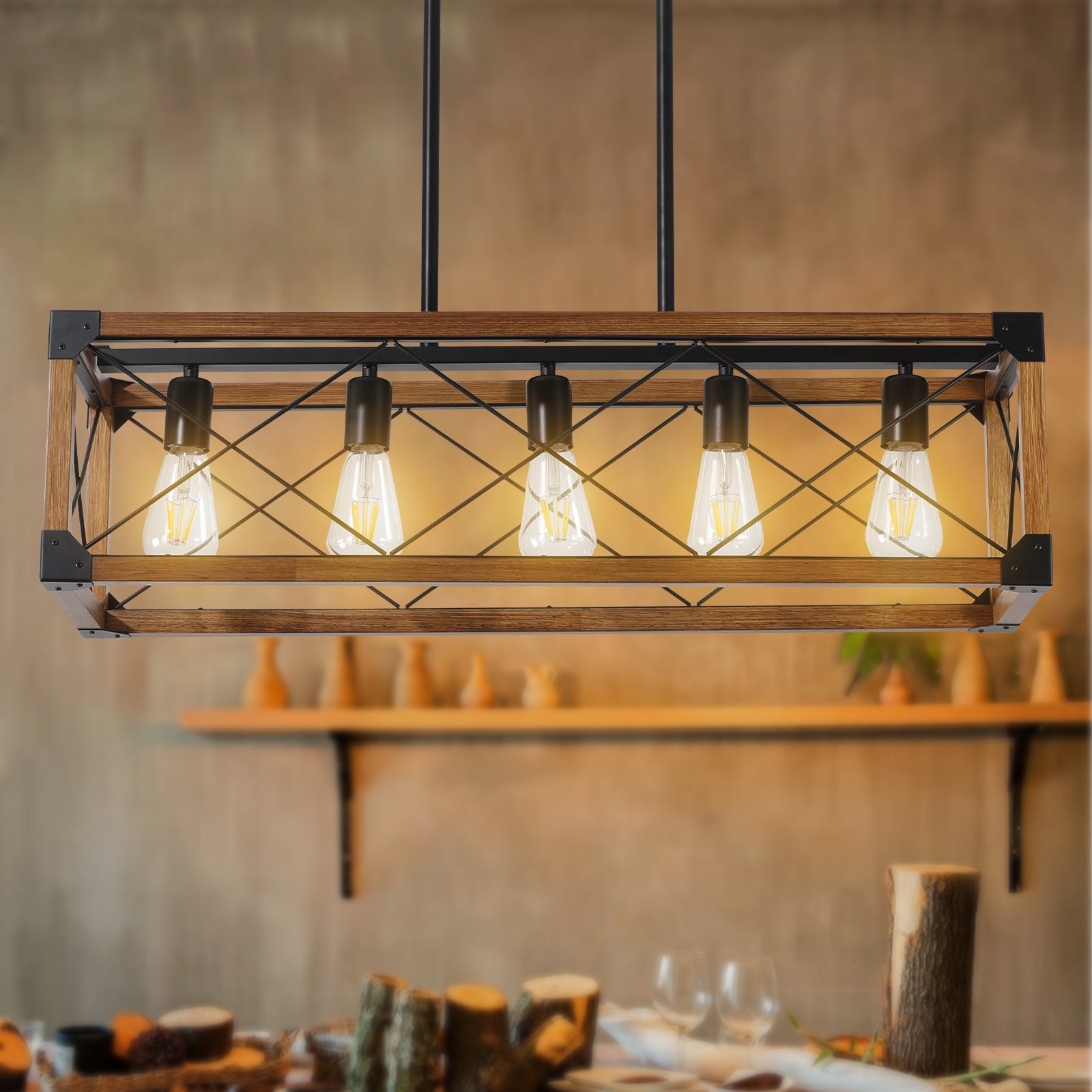 Walnut Rectangle Pendant Light — 5-Light Chandelier