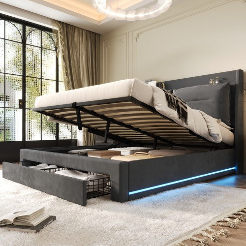 Modern Hydraulic Storage Bed with LED Lighting – Dark Grey Velvet Double Bed