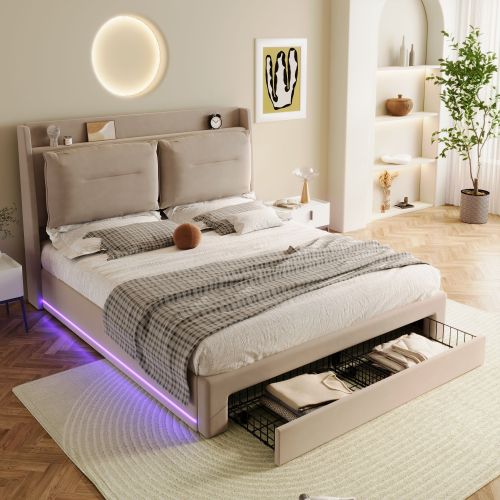 Premium Double Bed with LED Lights & Storage – Beige Velvet Finish
