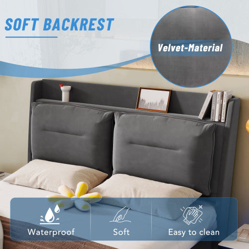 Modern Hydraulic Storage Bed with LED Lighting – Dark Grey Velvet Double Bed