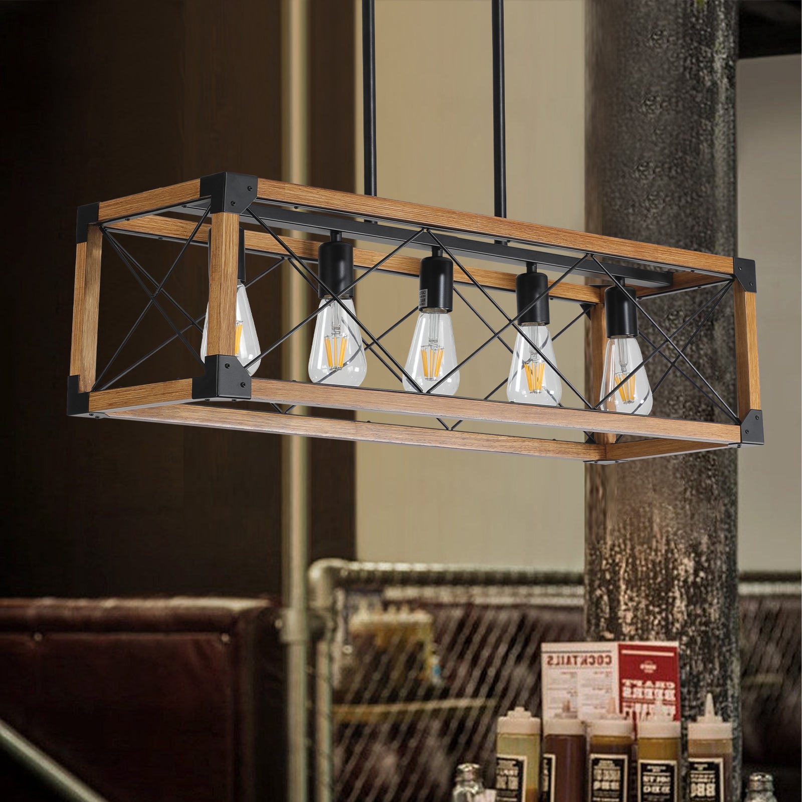 Walnut Rectangle Pendant Light — 5-Light Chandelier